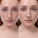 OGB Miracle Skin Tint Fair: voor en na van de skin tint op een model met sproeten
