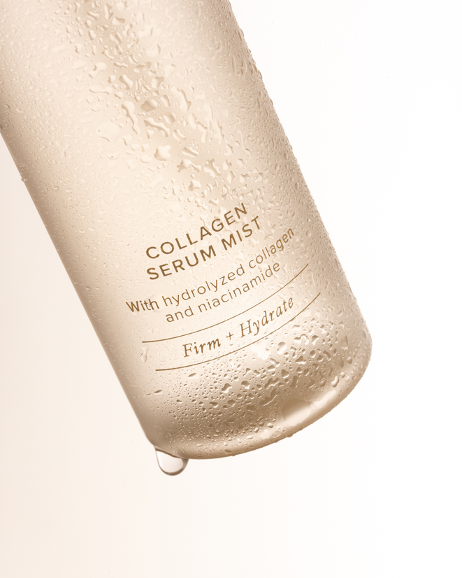 OGB Hydrate & Lift Duo: close-up of the Collagen Serum Mist bottle with droplets