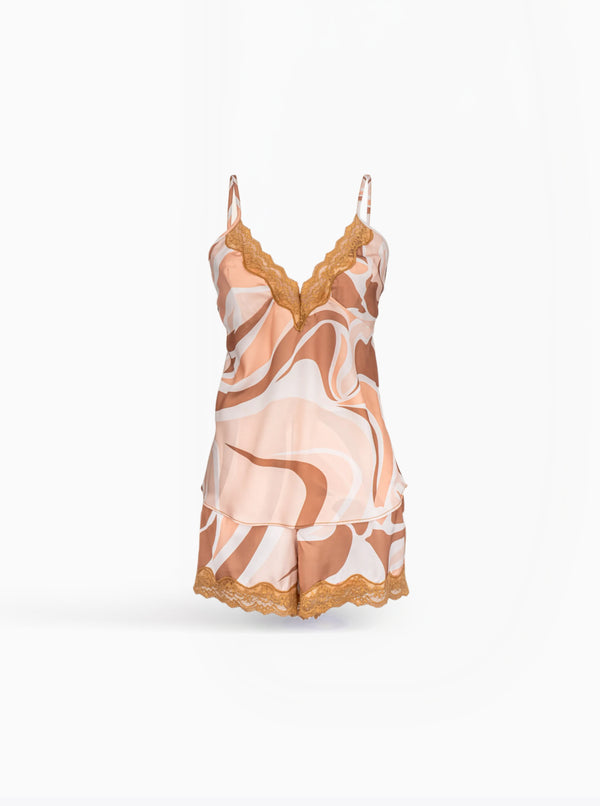 OGB Satin Pyjama, satijnen pyjamaset met top en short in swirl print