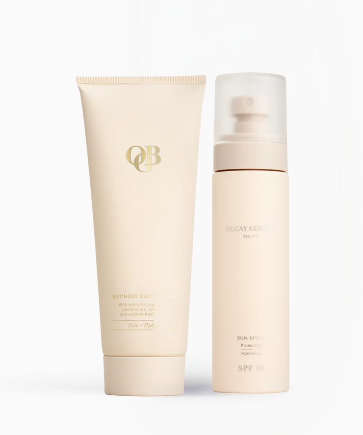OGB AM & PM Body Duo, retinoid bodylotion en SPF50 zonnebrandspray