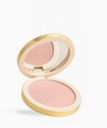 An open round makeup compact with a gold-toned case and a light pink pressed powder, shown on a clean white background.