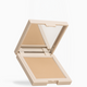 An open square makeup compact with a mirror on the inside of the lid and a pressed powder pan in a warm beige shade, shown on a clean white background.
