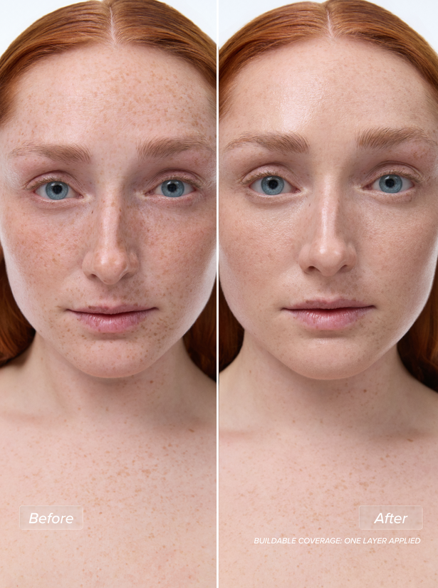 OGB Miracle Skin Tint Fair: voor en na van de skin tint op een model met sproeten
