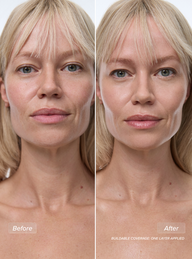 OGB Miracle Skin Tint Light: voor en na van de skin tint op een blond model