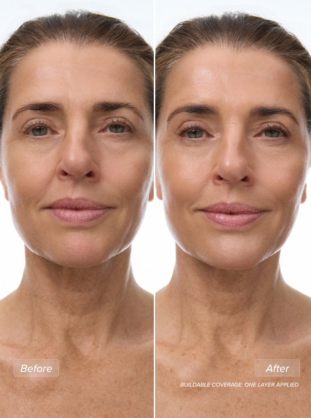 OGB Miracle Skin Tint Medium: voor en na van de skin tint op een model op leeftijd