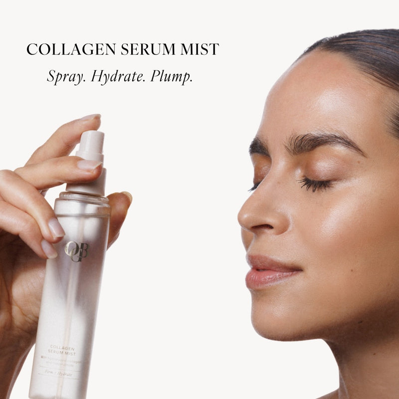 OGB Hydrate & Lift Duo: model spraying the Collagen Serum Mist on her face