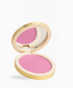 An open round makeup compact with a gold-toned case, showing a bright pink pressed powder and a mirror on a clean white background.